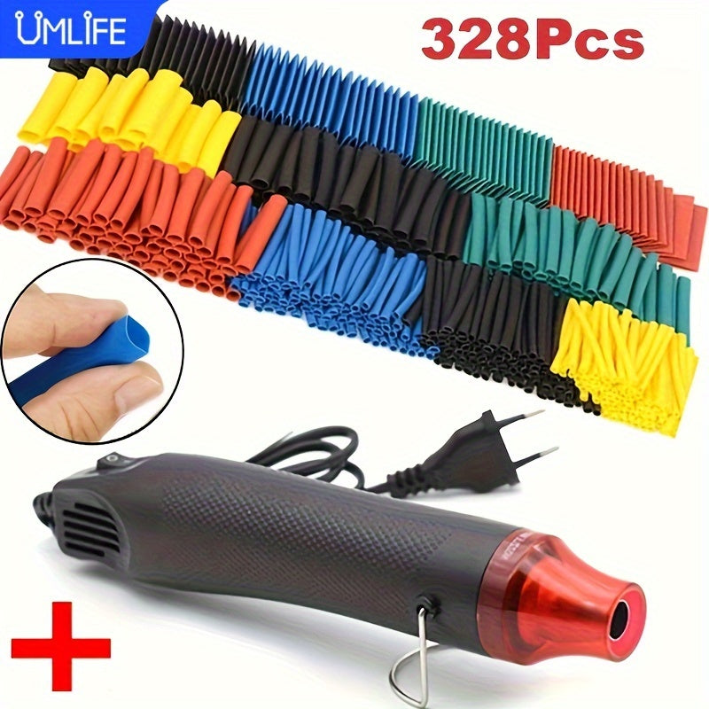 328pcs Heat Shrink Tube with 300W Hot Air Gun, ideal for DIY projects and wire protection. EU plug included.