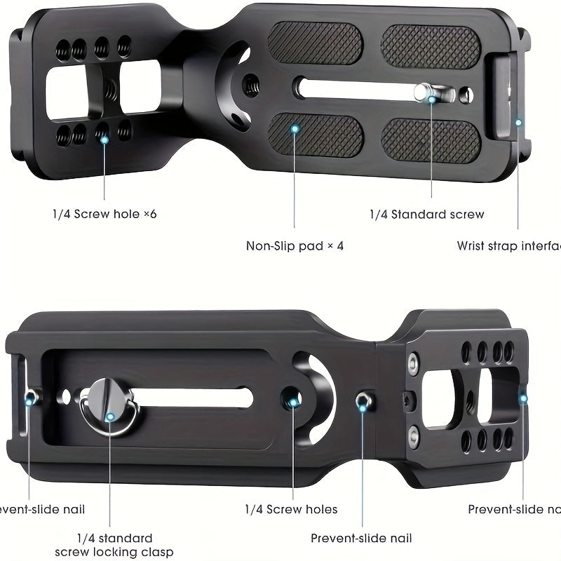 Versatile quick-release L bracket for DSLR cameras, with waterproof metal plate, 1/4" screw, compatible with Canon & Fuji, includes hex wrench and replacement screws.