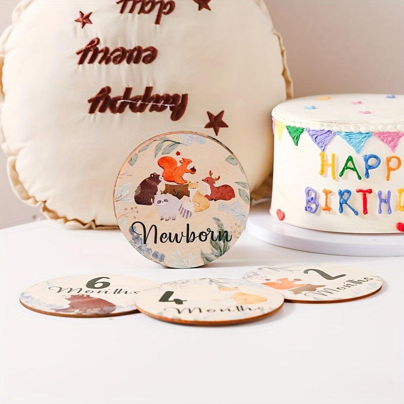 Wooden Milestone Coasters featuring Forest Animals - Perfect for Capturing Growth Month Photos and Creating Lasting Memories in Baby's First Year