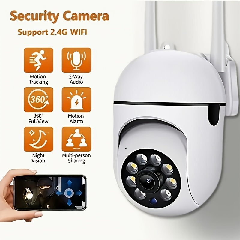 Wireless security camera with dual antenna, indoor wall mount, Android and app control, night vision, motion and audio alert, color display, USB powered, WiFi connectivity.