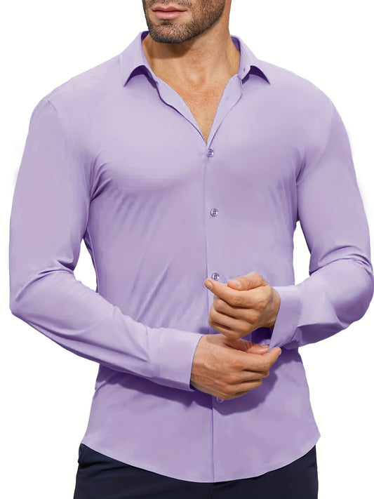 Men's Solid Color Long Sleeve Lapel Shirt, Perfect Casual Gift