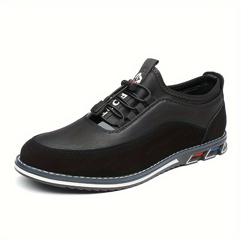 Men's casual low top lace-up shoes with elastic band, PU upper and rubber sole, suitable for all seasons.