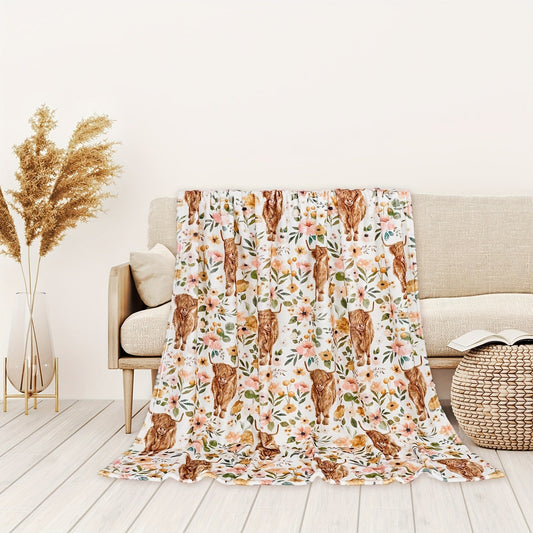 Soft and Warm Cozy Floral Highland Cow Print Flannel Throw Blanket - Perfect for Couch, Bed, Office, and Travel - Machine Washable and Ideal for Spring