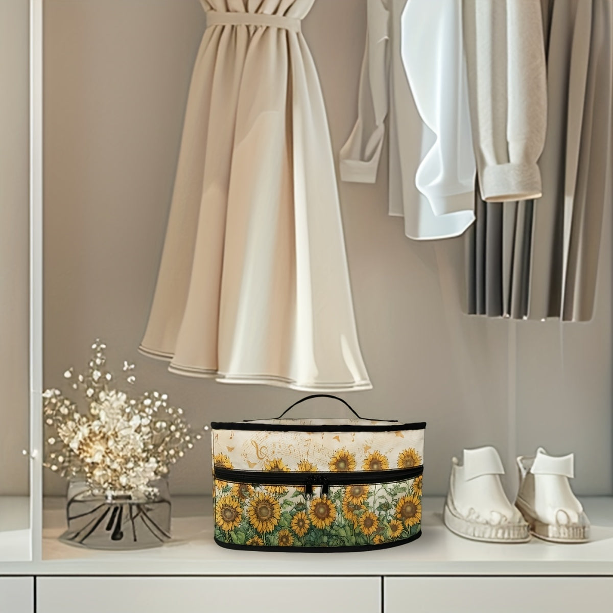 Portable iron storage bag featuring a sunflower pattern with dual zipper closure to keep your iron dust-proof while traveling. This durable organizer includes a handle for easy carrying and is non-electric, perfect for storing ironing accessories.