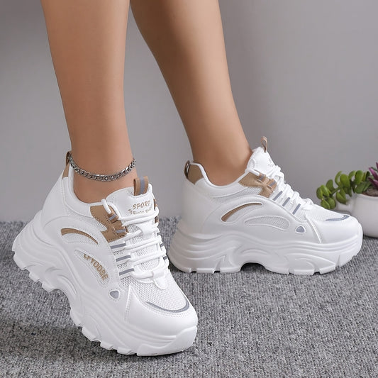 Chunky sneakers with breathable mesh and height increase for women, trendy walking shoes.