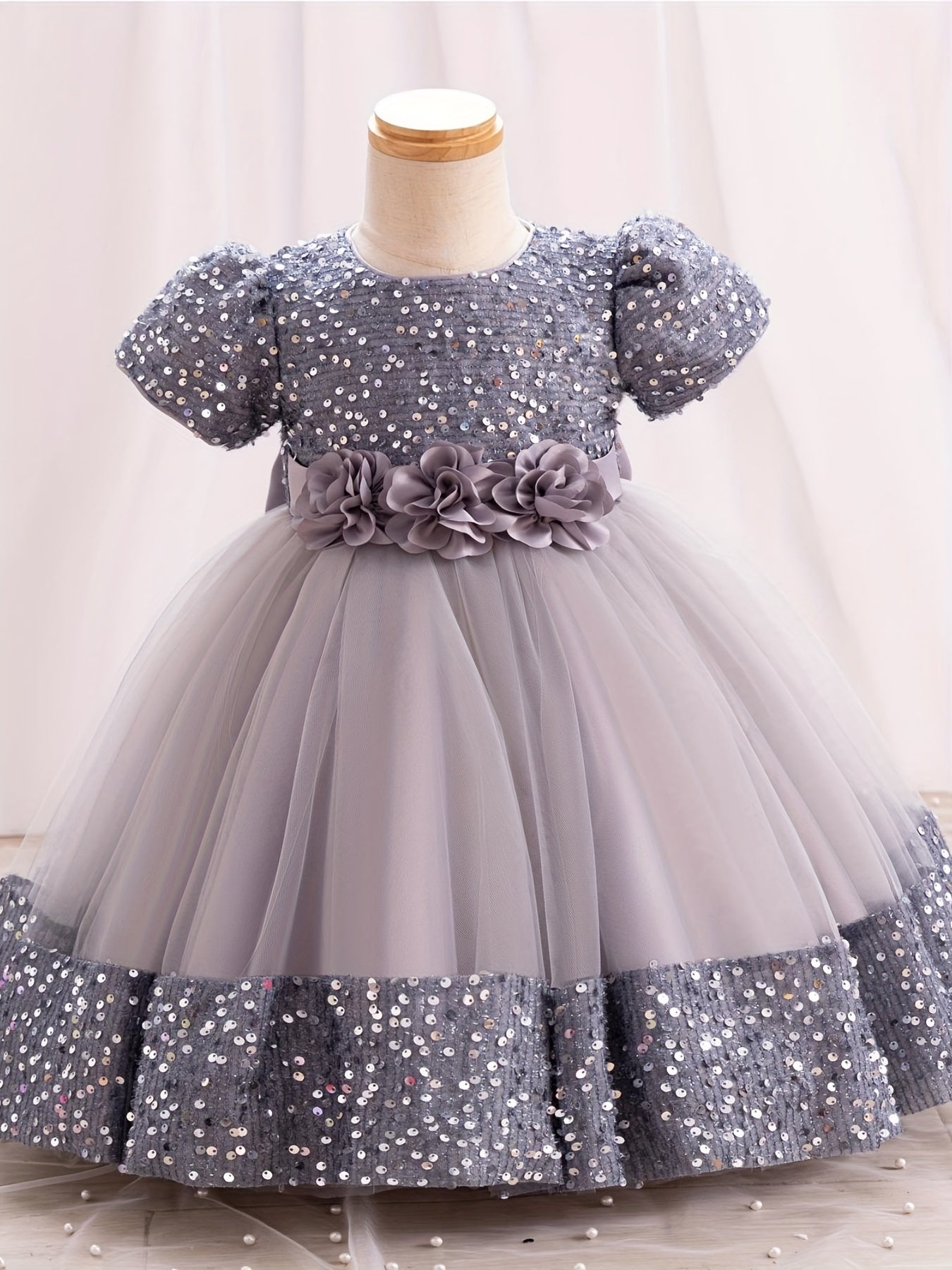 Sparkling gown dress with 3D flower decor and sequins, perfect for weddings, birthdays, and parties.