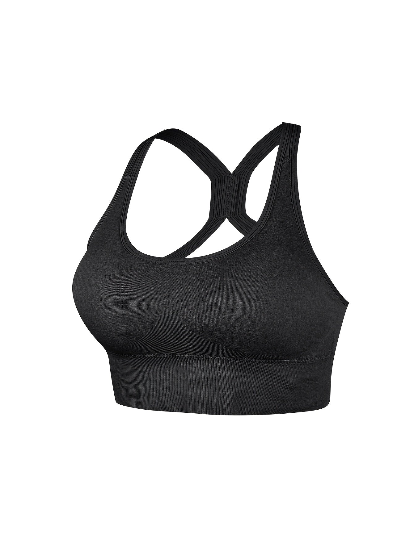 High-support sports bra for women with adjustable back buckle, removable pads, and cross-back design. Great for yoga, fitness, and running. Made with breathable nylon fabric.