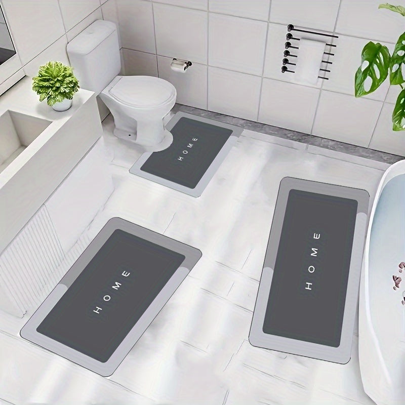 Bathroom Anti-slip Mat Set includes 3 pieces of mats made from Diatom Mud for toilet, washbasin, and entrances. These absorbent, washable, and cuttable mats are also suitable for bathtubs. They are wear-resistant and come in square and oval shapes