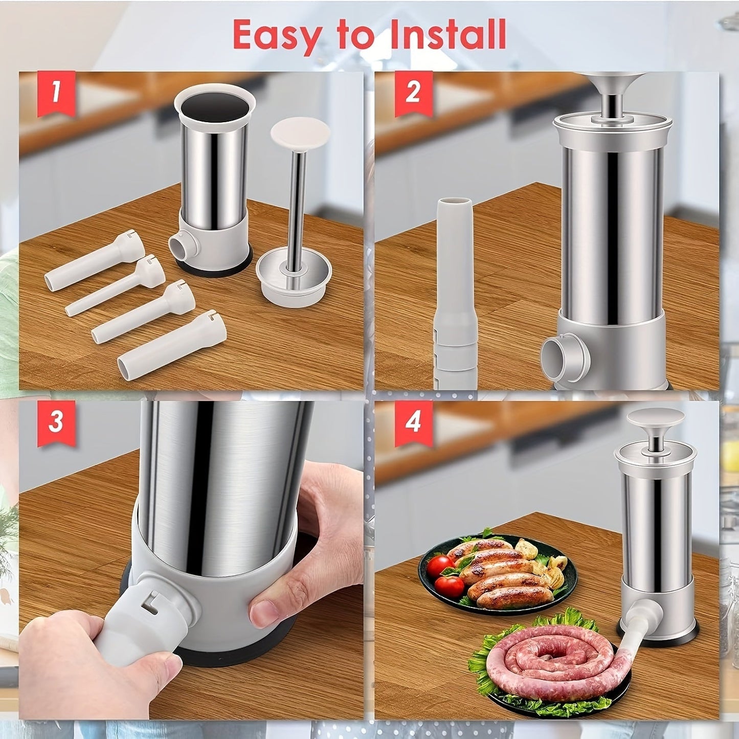 1 piece of Stainless Steel Sausage Syringe Machine with Stuffing Tubes, Manual Sausage Stuffer Filler, Hand Operated Salami Maker - Kitchen Tools and Accessories.