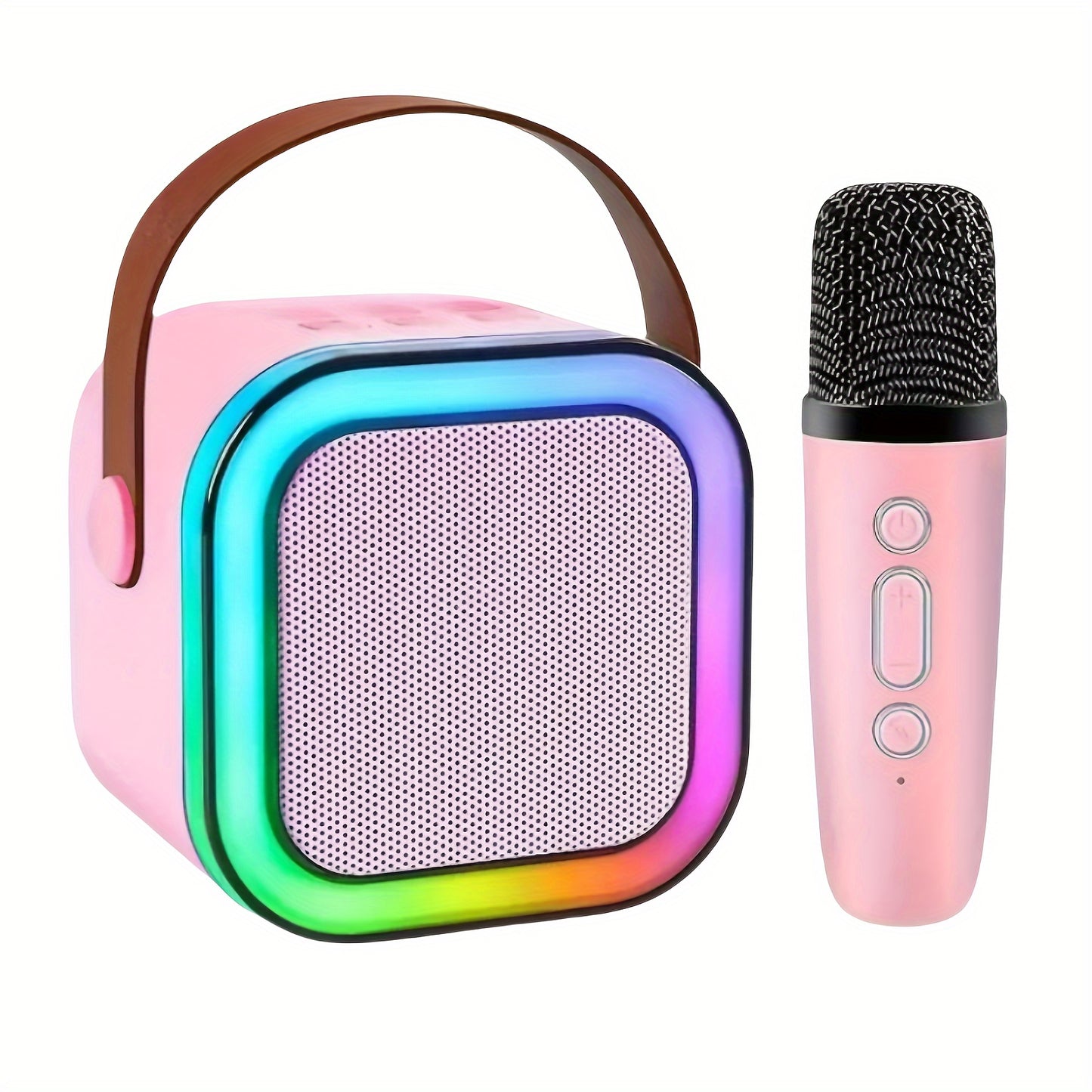 Portable wireless karaoke speaker and microphone set, rechargeable and colorful for adult birthday parties. Ideal for home karaoke systems, featuring modern microphone style and Type-C