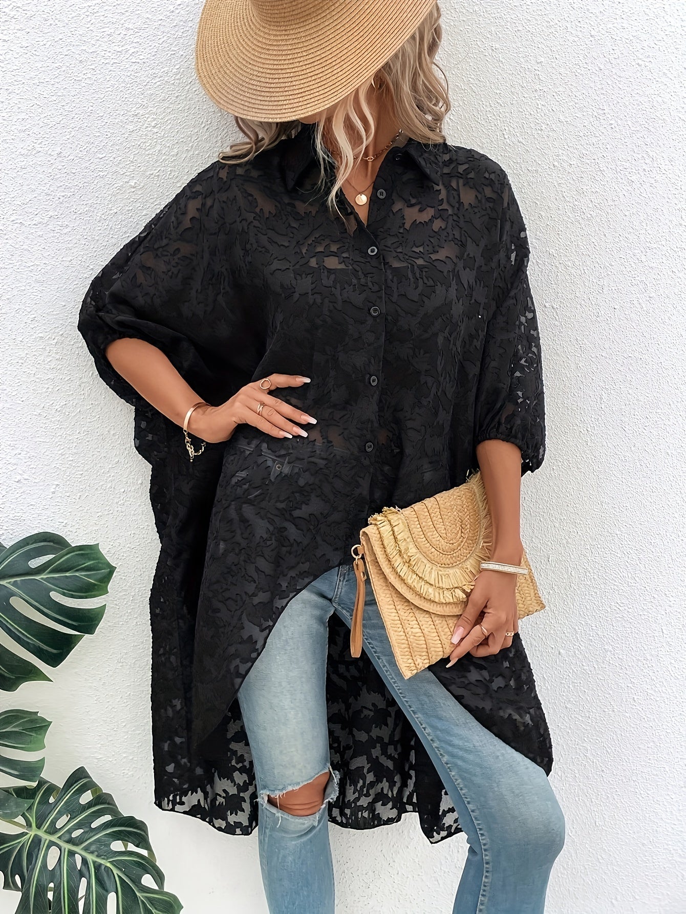 Jacquard High Low Hem Blouse with Batwing Sleeve Collar, Plus Size Women's Clothing