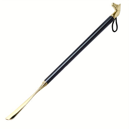 Extra long horse head shaped metal shoehorn, 55.88 cm in length, allows you to wear shoes without bending over.