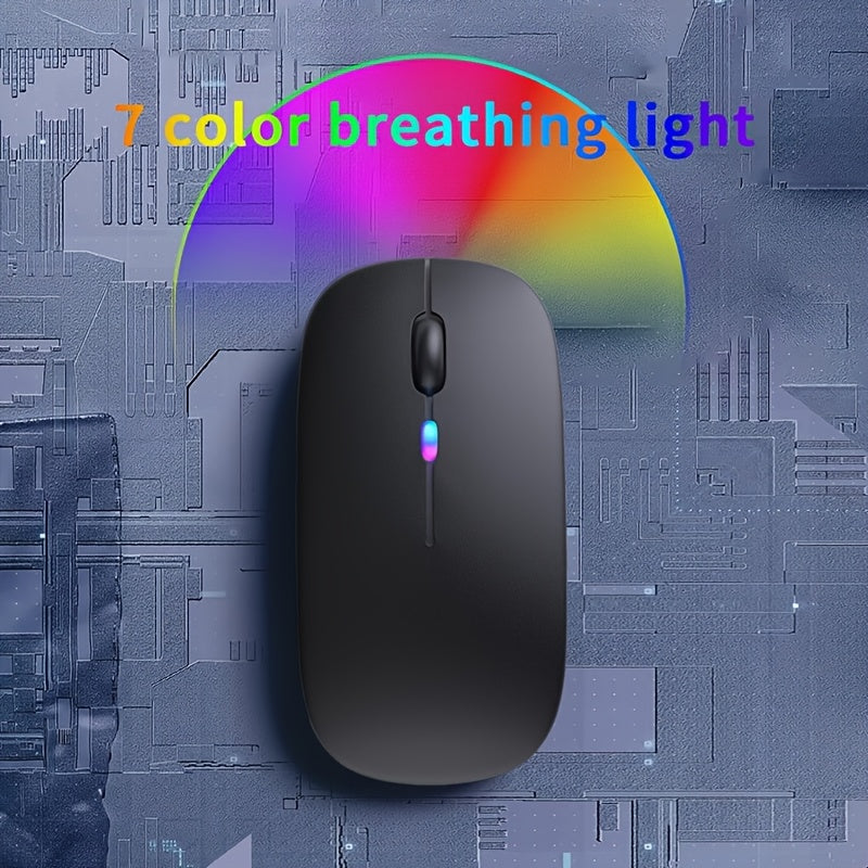 Slim wireless mouse with 2.4G+BT technology, USB receiver, and anti-slip scroll wheel, suitable for laptops and computers.