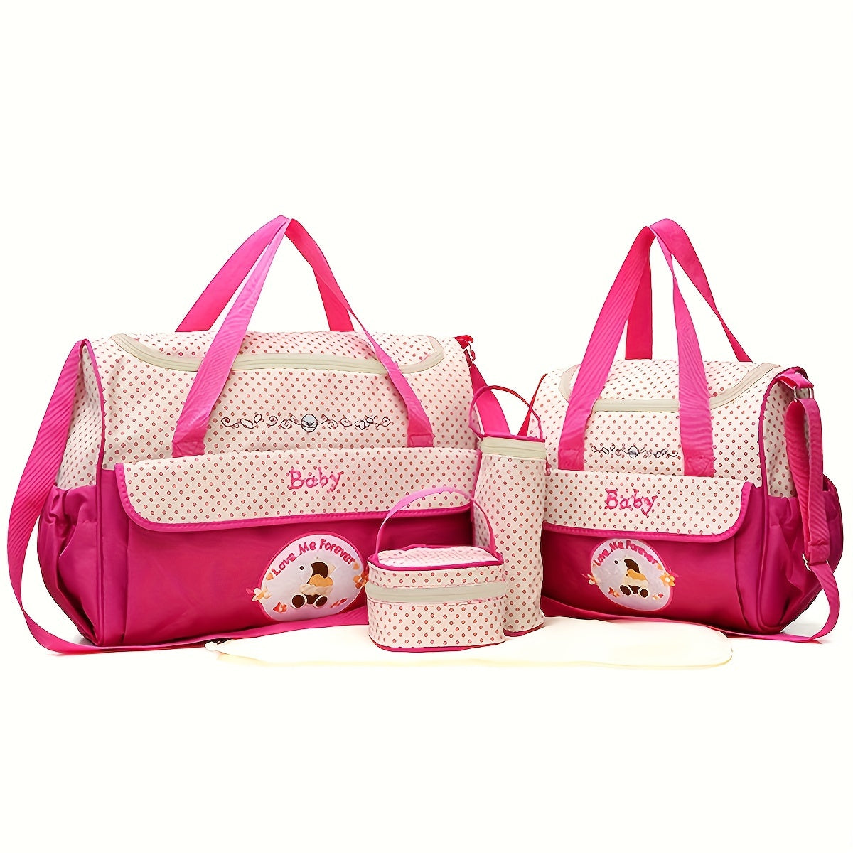 5-piece Mommy Bag Set including a Large Bag, Small Bag, Bottle Cover, Milk Powder Bag, and Diaper Pad. This multi-functional set features a large-capacity shoulder bag with a slant cross design, perfect for moms on-the-go with baby essentials.