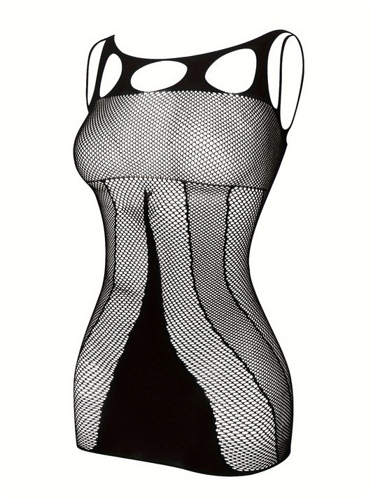 Sexy lace mesh fishnet teddy with spaghetti straps, bodycon dress with jacquard pattern and drawstring detail, made of nylon knit fabric, adult apparel.