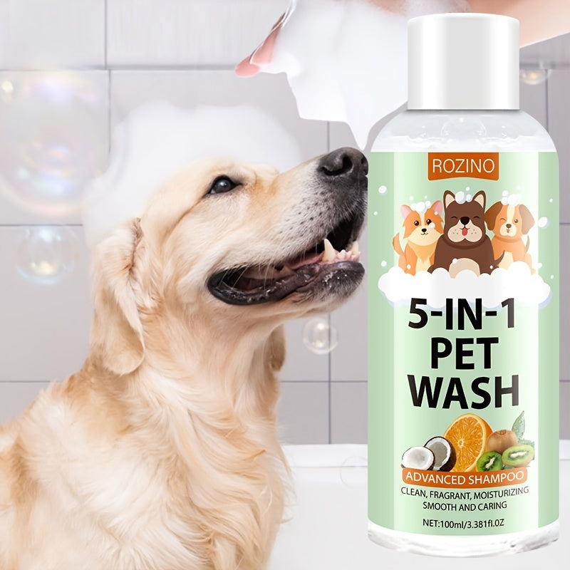 ROZINO 5-in-1 Pet Shampoo, 100ml - Gentle formula, moisturizing, fragrance, non-tear, long-lasting scent, tangle-free for all pet skin types.