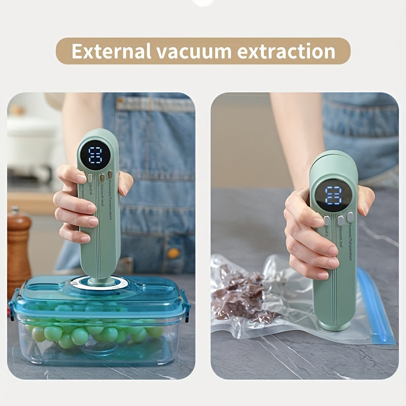 USB rechargeable vacuum sealer kit with digital display. Includes pump, airtight bags for food preservation. Ideal for snacks, meat, fruits, vegetables. Space-saving design, 36V power.