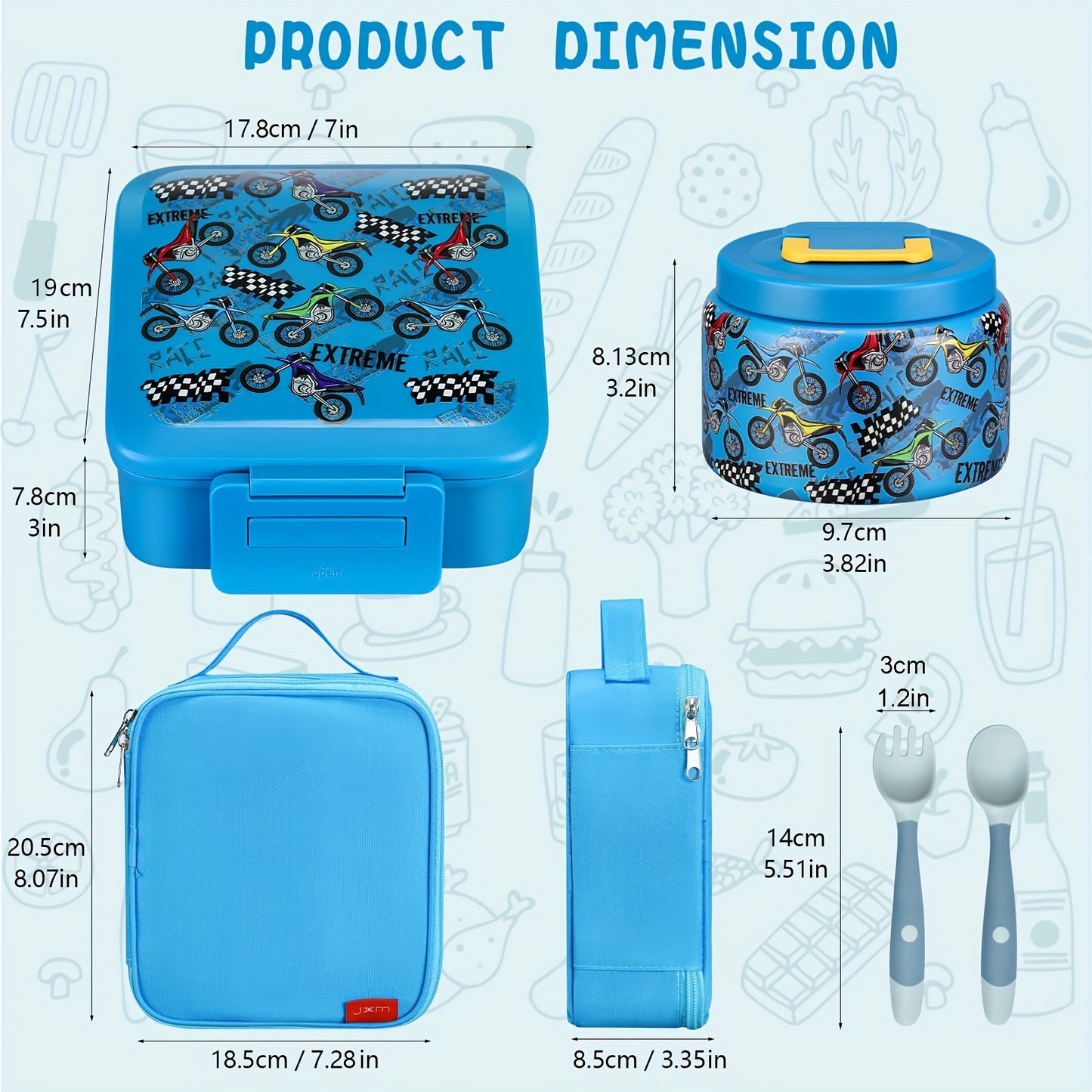 Kids' Bento Box Set with insulated food jar, lunch bag, ice pack, and utensils. Leak-proof container with 5 compartments, perfect for school or work.