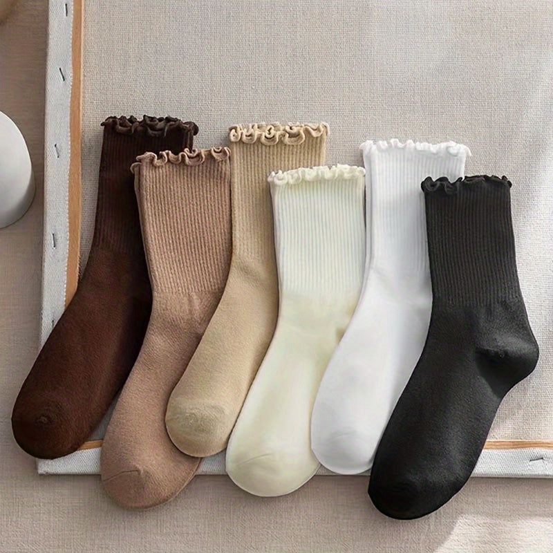 6 pairs of comfortable and breathable mid tube lettuce trim socks for women.