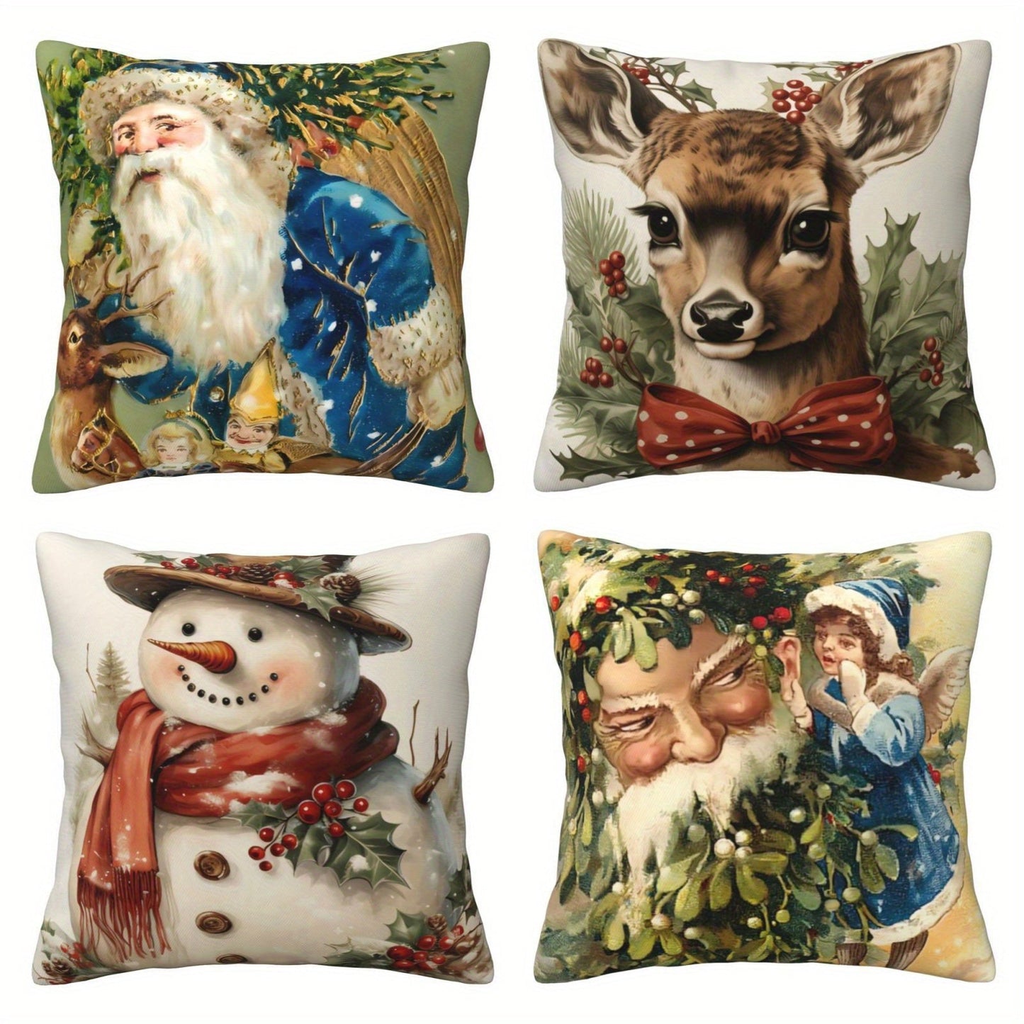 Decorate your living room and bedroom for Christmas with these festive pillow covers featuring snowman, reindeer, and Father Christmas. The perfect Xmas gift or ornament, each cover measures 45*45CM and comes in a set of 4 or individually. Pillow core