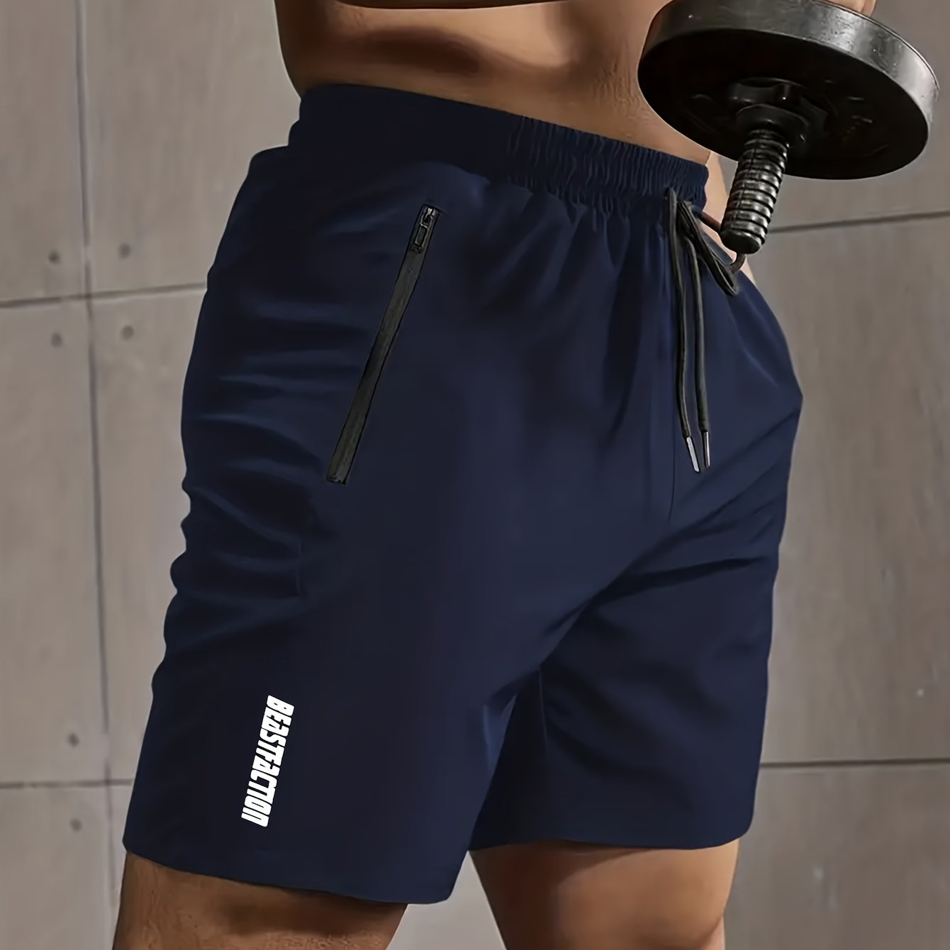 Solid men's shorts with zipper pockets, elastic waist drawstring for summer fitness.