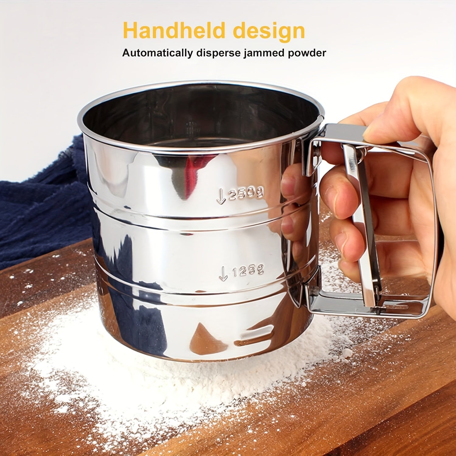 304 stainless steel flour sifter with double layer fine mesh for cooking and baking at home.