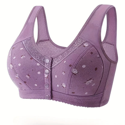 Elegant floral print wireless bralette made of polyester and elastane blend knit fabric with button detail. Light support with no padding. 92% polyester and 8% elastane.