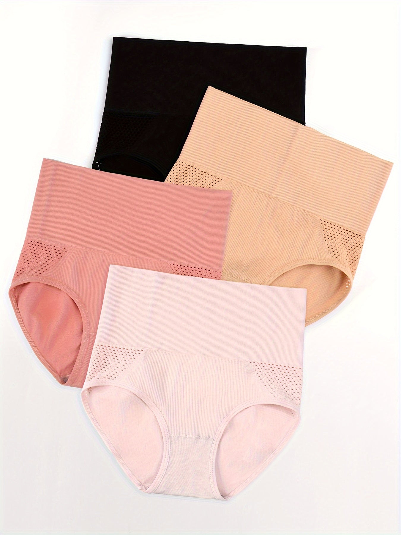 NADIA GO 4-Pack High Waist Tummy Control Shapewear Panties for Women, Breathable Mesh, Postpartum Body Slimming, 90% Polyamide, 10% Elastane, Solid Color, Knit Fabric, 220gsm