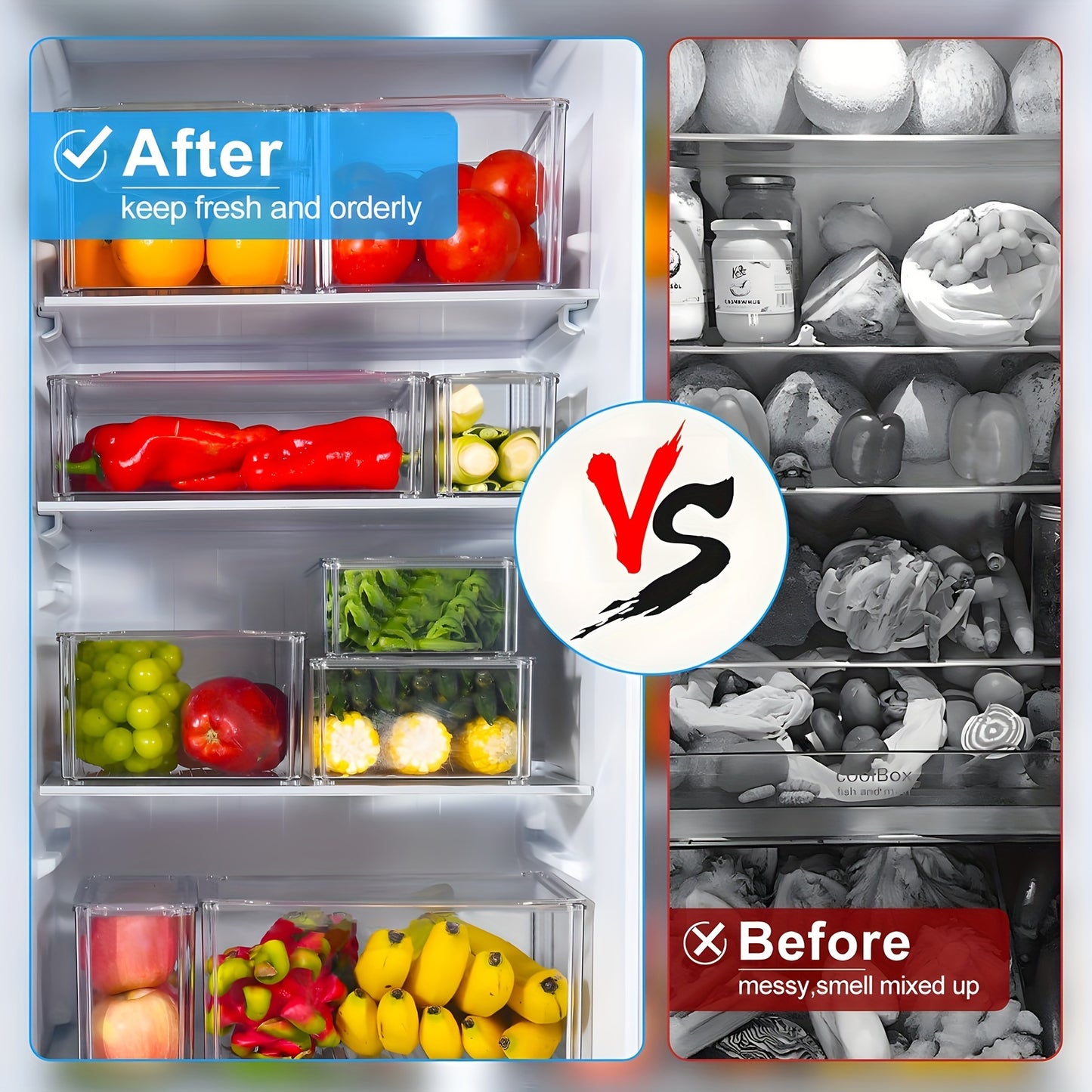 7/14 BPA-free stackable fridge organizer bins with lids for clear refrigerator storage of fruit, vegetables, food, drinks - essential for RV organization.