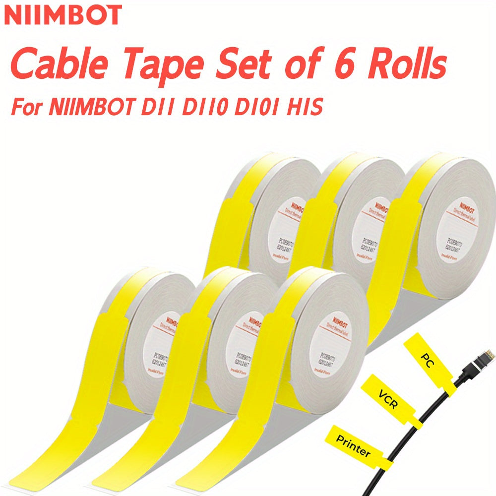 High-quality 6-piece NIIMBOT Thermal Label Tape Set for D11, D110, D101, H1S Printers. Features 1.19x10.9cm white labels with automatic identification chip. Ideal for home, school, office