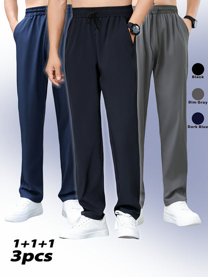 3 men's polyester pants with slight stretch, regular fit, suitable for all seasons.