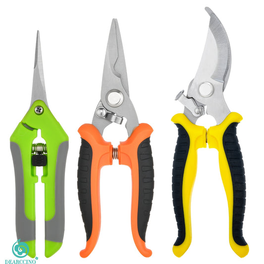 3 stainless steel garden pruning shears in random colors, modern and durable for trimming and gardening.