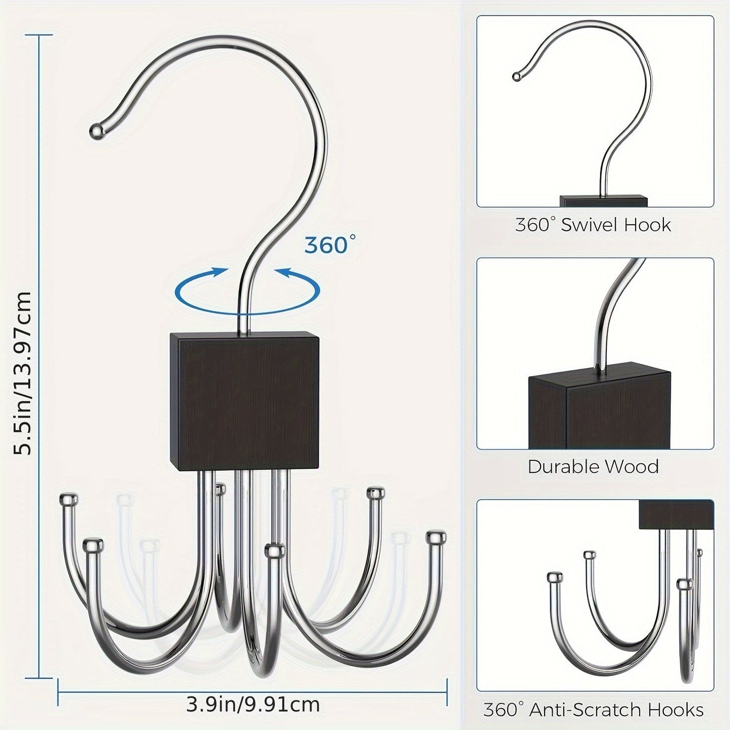 Metal wall hook with 6 rotating claws for storing coats, hats, scarves, bags, and belts. Features a polished wood finish and large capacity for up to 24 belts. Ideal for home kitchen and closet organization.