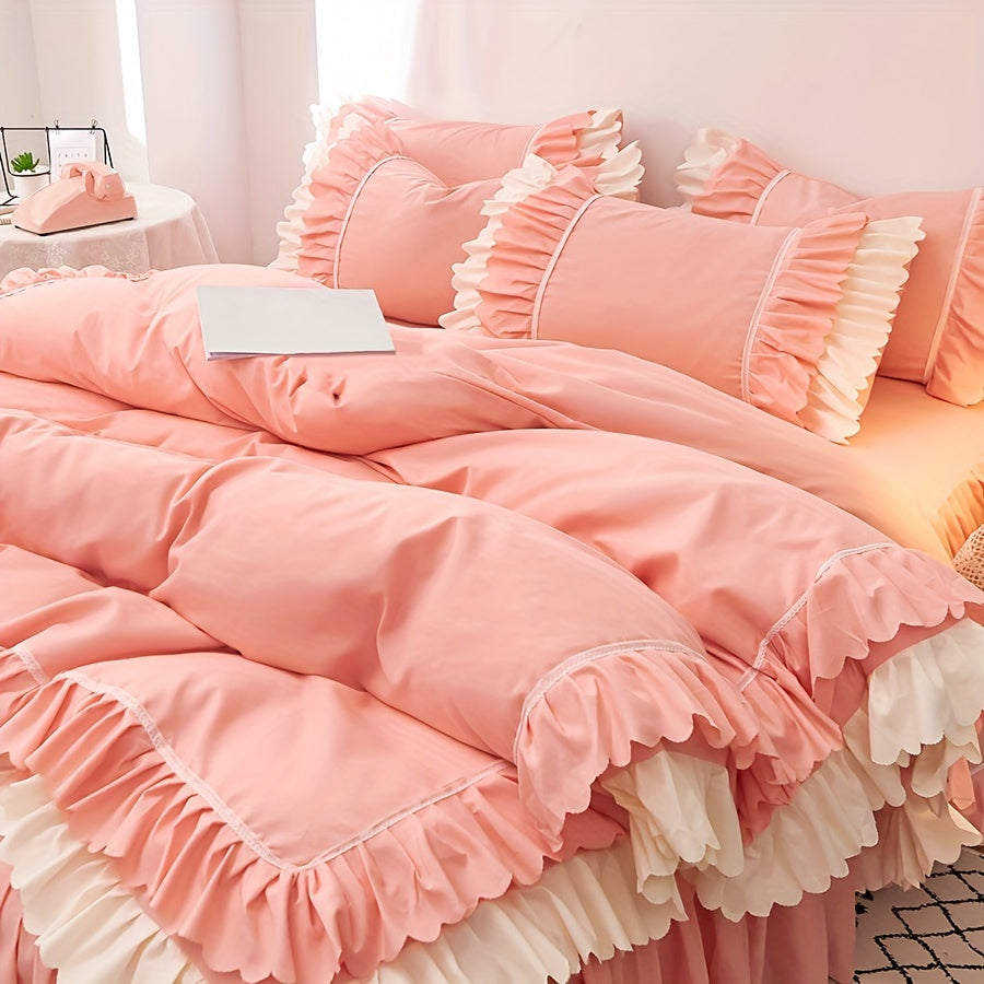 3-piece set of pink ruffled bedding includes 2 pillowcases and 1 quilt cover, filler or comforter not included.