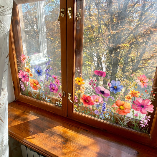 Double-sided static window decoration with colorful plant and flower design