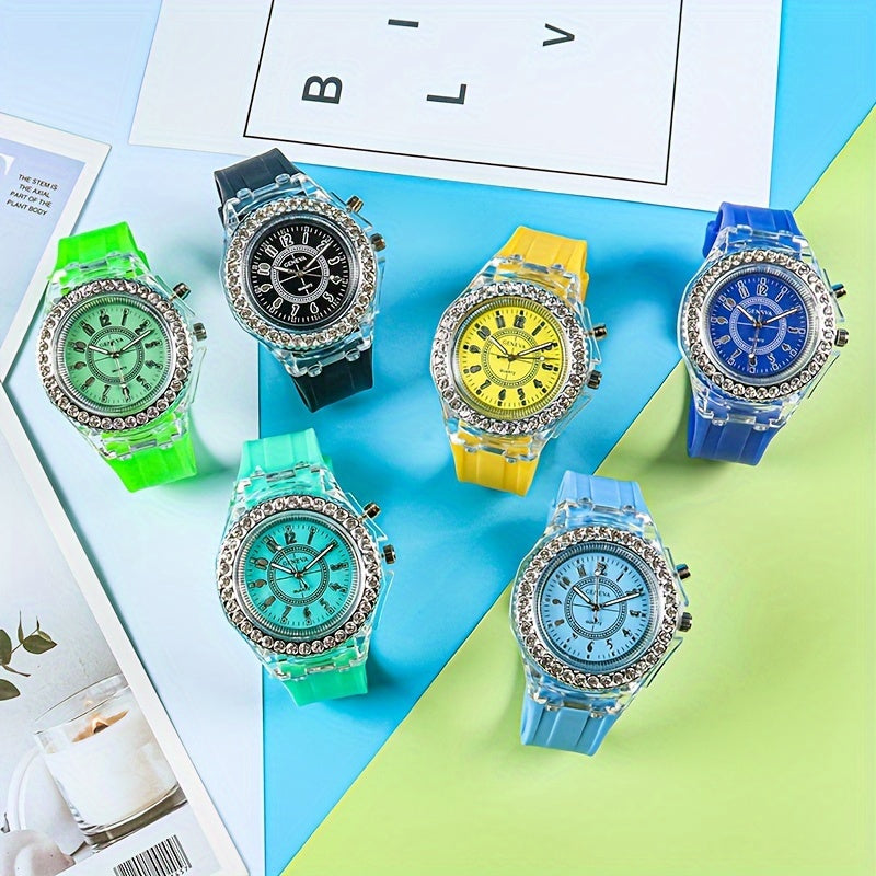 New Luminous Student Electronic Watch with Rhinestones, Candy Color - Perfect New Year Gift for Teenagers.