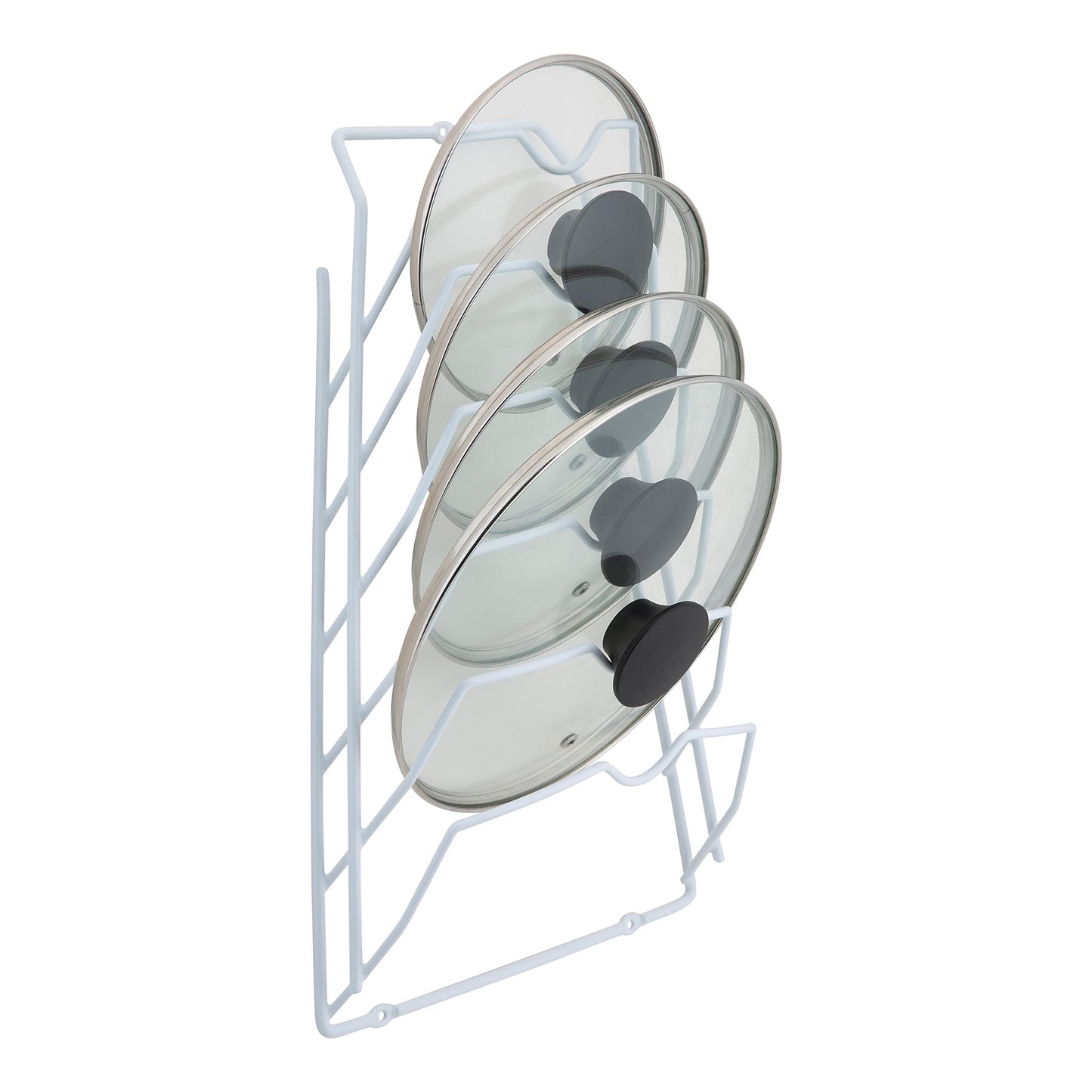 Organize your metal pot lids with this wall-mounted rack. The adhesive hanging shelf features multiple layers for storage and can be easily mounted on your kitchen cabinet door.