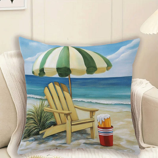 Flannel Beach Chair and Umbrella Pillowcase, Modern Summer Holiday Theme, 45.72x45.72cm in Size, Zippered Square Cushion Cover for Sofa, Bedroom, Living Room, Car - Machine Washable, All-Season Comfort, Perfect for Back Sleepers.