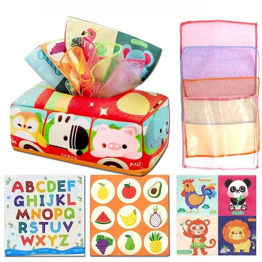 Animal School Bus Sensory Learning Toy Set - Includes Tissue Box, Educational Scarf, and Crinkle Paper. Made of Polyester in Mixed Colors by EDUVANKU