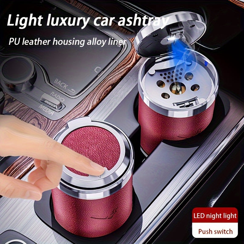 Car Ashtray with PU leather, anti-flying ash design, LED automatic lighting, replaceable battery, premium feel. Ideal for preventing ash from falling and organizing car interior