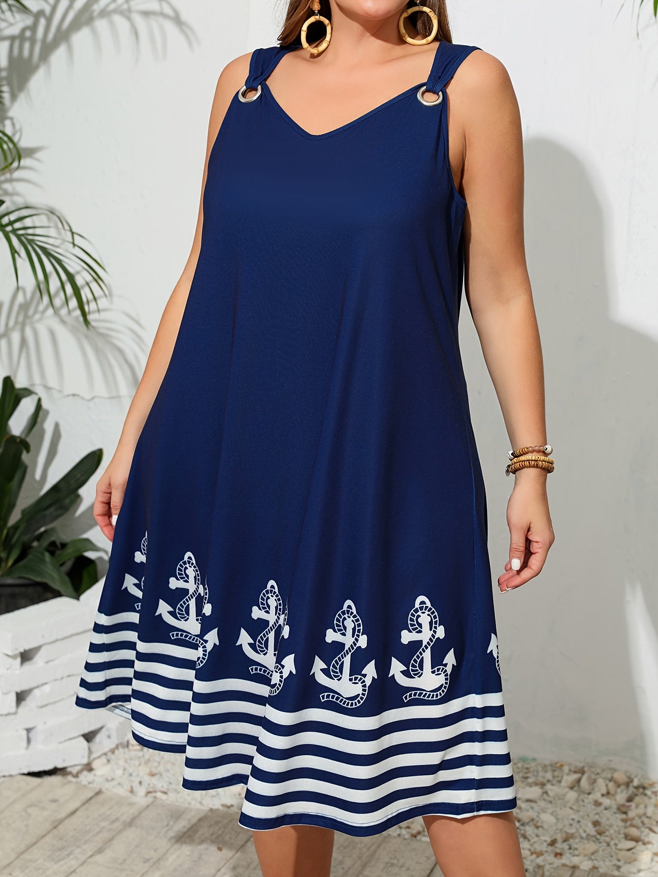 Anchor print tank dress with ring detail, perfect for spring & summer vacation style in plus sizes.