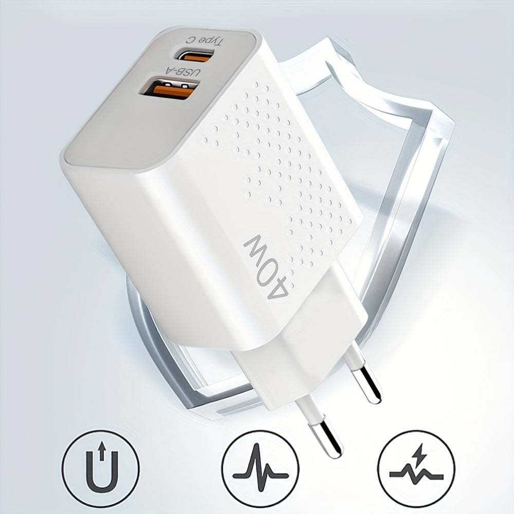 HengYe 40W Dual Port USB-C Wall Charger with fast charging for various devices - Type C plug, includes 100.58cm cable.