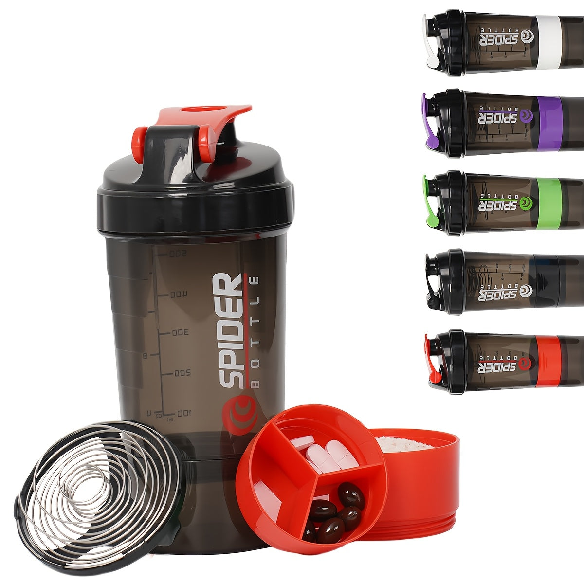 A 500ml protein shaker bottle with layered storage, portable, leak-proof design, and mixing ball. Perfect for gym workouts, weightlifting, and outdoor activities. Ideal for giving as holiday gifts to friends.