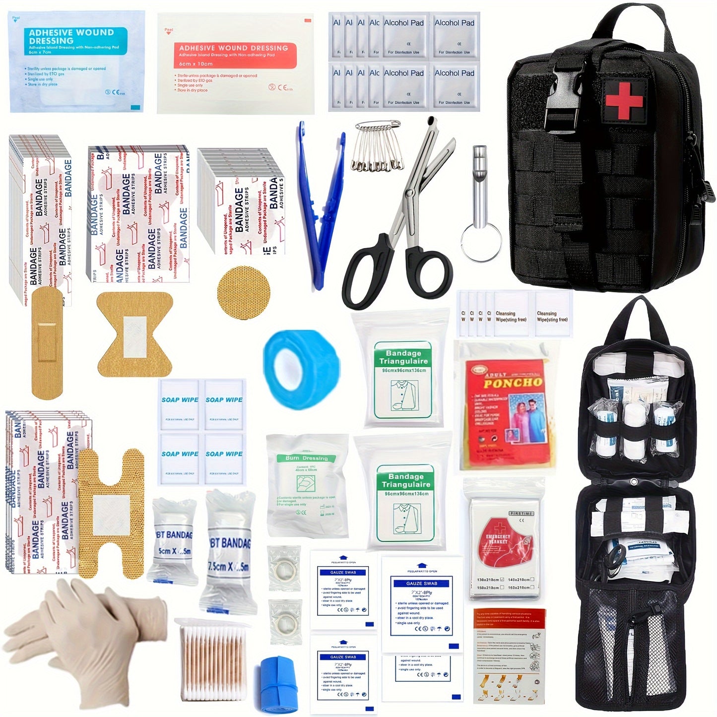 205-piece universal first aid kit suitable for various settings such as home, school, outdoor activities, hiking, car travel, and camping. Contains quick response first aid essentials