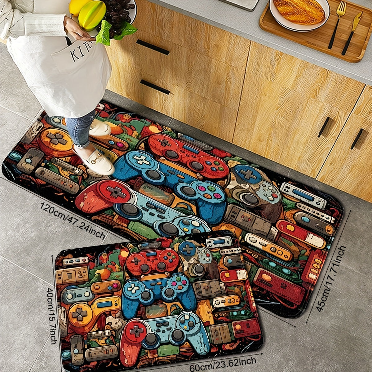 Kitchen and Bathroom Rug with Novelty Retro Gaming Controller Design, Ideal for Game Room, Non-Slip Door Mat for Bedroom Entry, Made of Machine-Durable Polyester with Medium Pile, Hand Washable - Available in Multiple Sizes