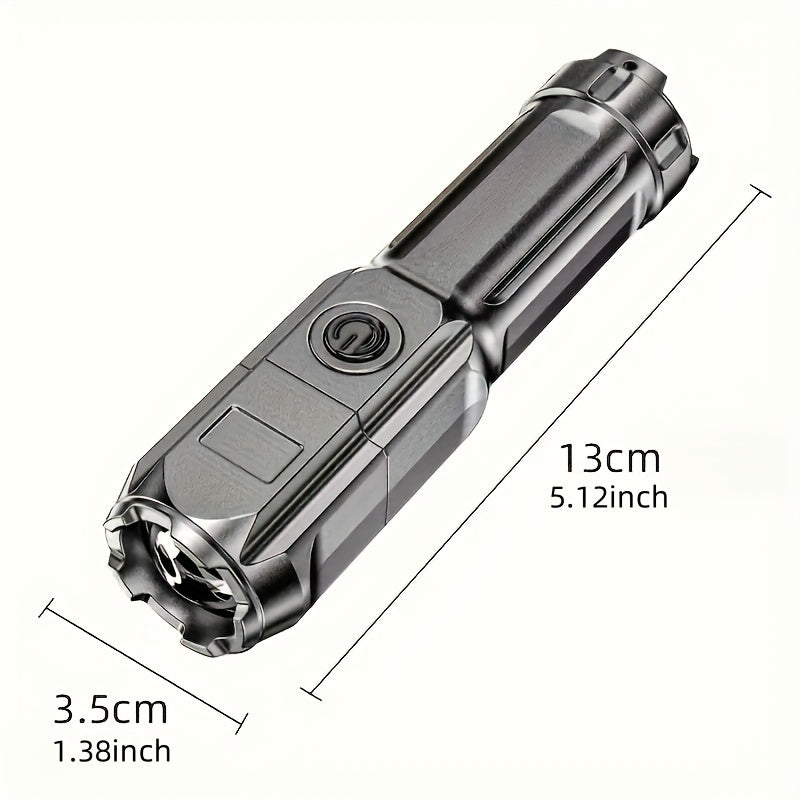 Zoomable flashlight with compact design, USB rechargeable, ideal for outdoor and home use with a powerful 800mAh battery.