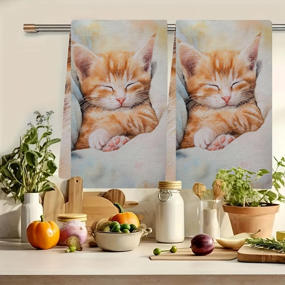 Two Ultra Soft Kitchen Towels Featuring Adorable Kitten Design - Exceptionally Absorbent, Delicate Purr Theme, Easy to Clean Dish Hand Towels, 40.64x60.96 cm - Ideal for Holiday Decoration & Daily Use, Dish Towels