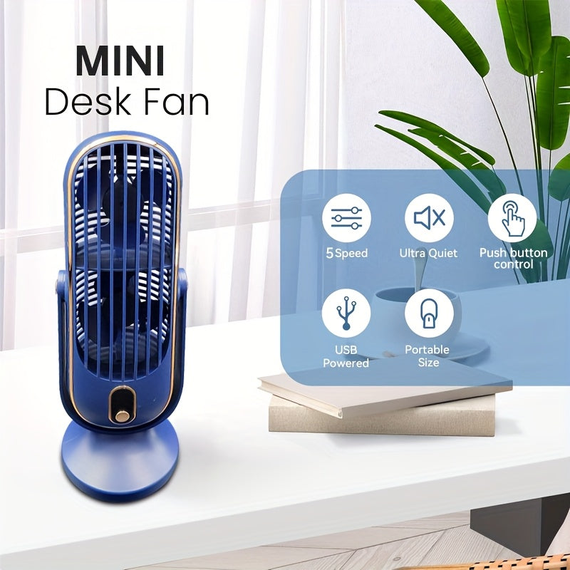 Introducing the new 5-speed portable desktop fan! This fan is perfect for home and office use, with USB charging for convenience. Keep your bedroom or office desk cool and comfortable with this quiet mini fan. The LED display and strong wind cooling make