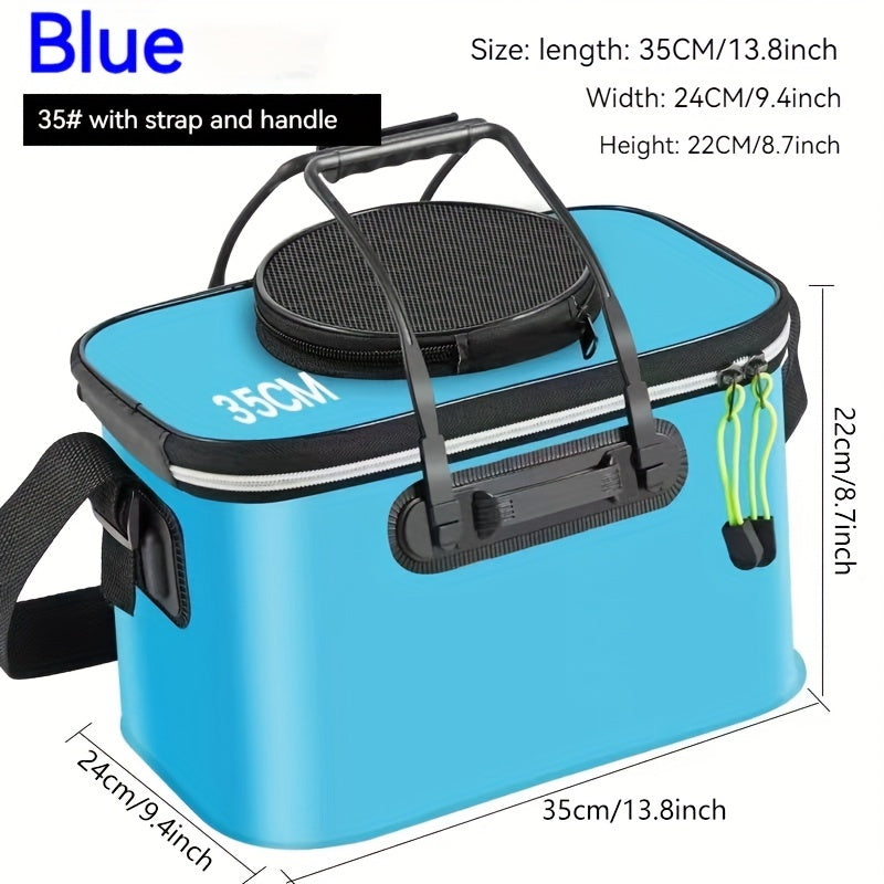 Compact EVA fishing gear bag with collapsible live fish bucket and tackle storage, waterproof and zip closure for camping.