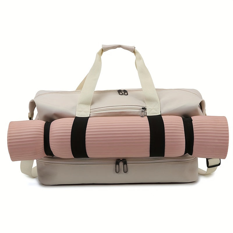 Spacious travel duffel bag with lightweight design, featuring durable zippers. Ideal for yoga, outdoor activities, and training.